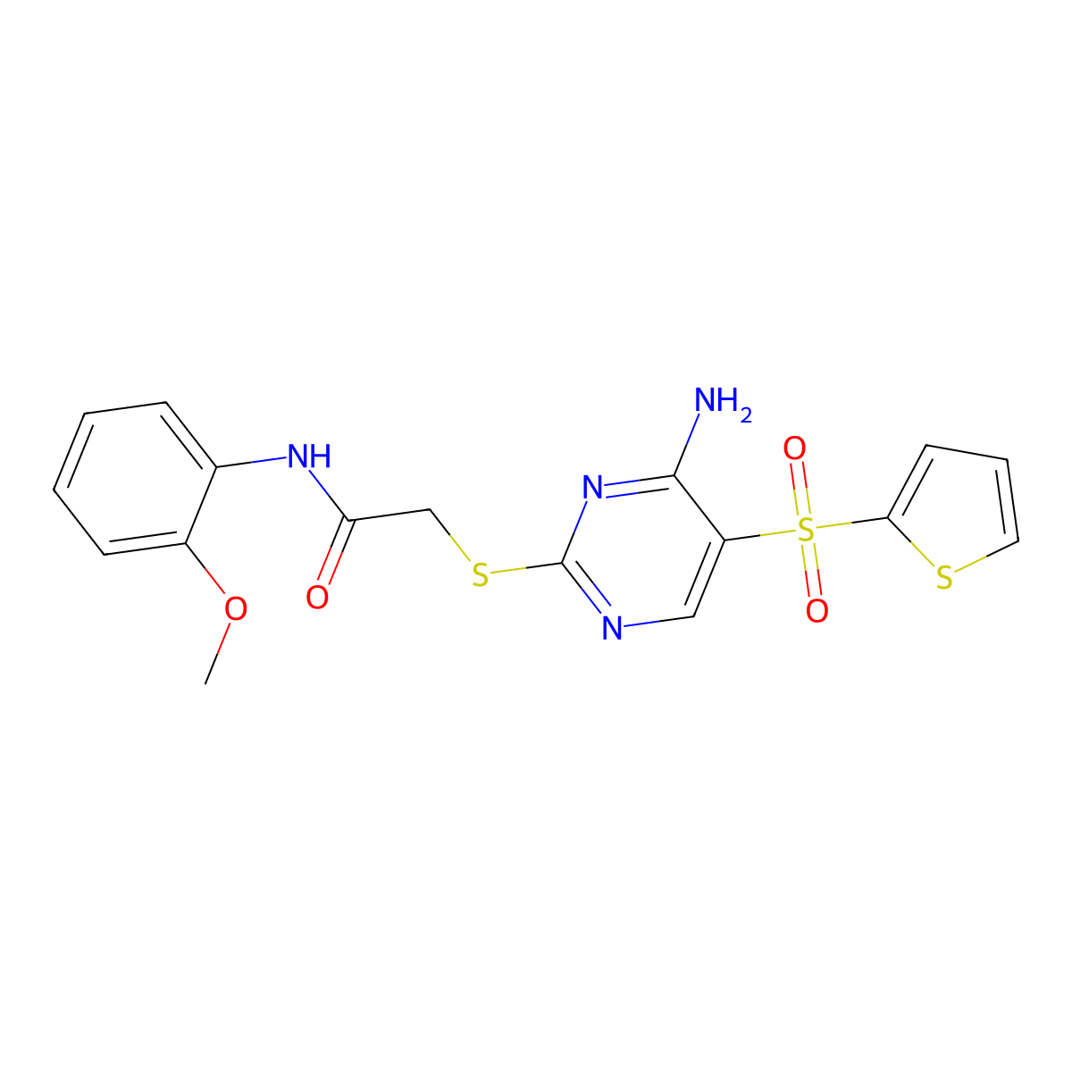 2-((4-amino-5-(thiophen-2-ylsulfonyl)pyrimidin-2-yl)thio)-N-(2-methoxyphenyl)acetamide molecular structure, CAS 1040656-55-0