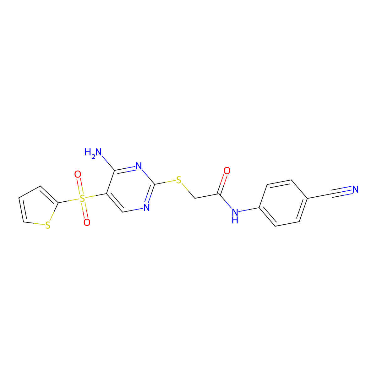 2-{[4-amino-5-(thiophene-2-sulfonyl)pyrimidin-2-yl]sulfanyl}-N-(4-cyanophenyl)acetamide molecular structure, CAS 1040656-69-6