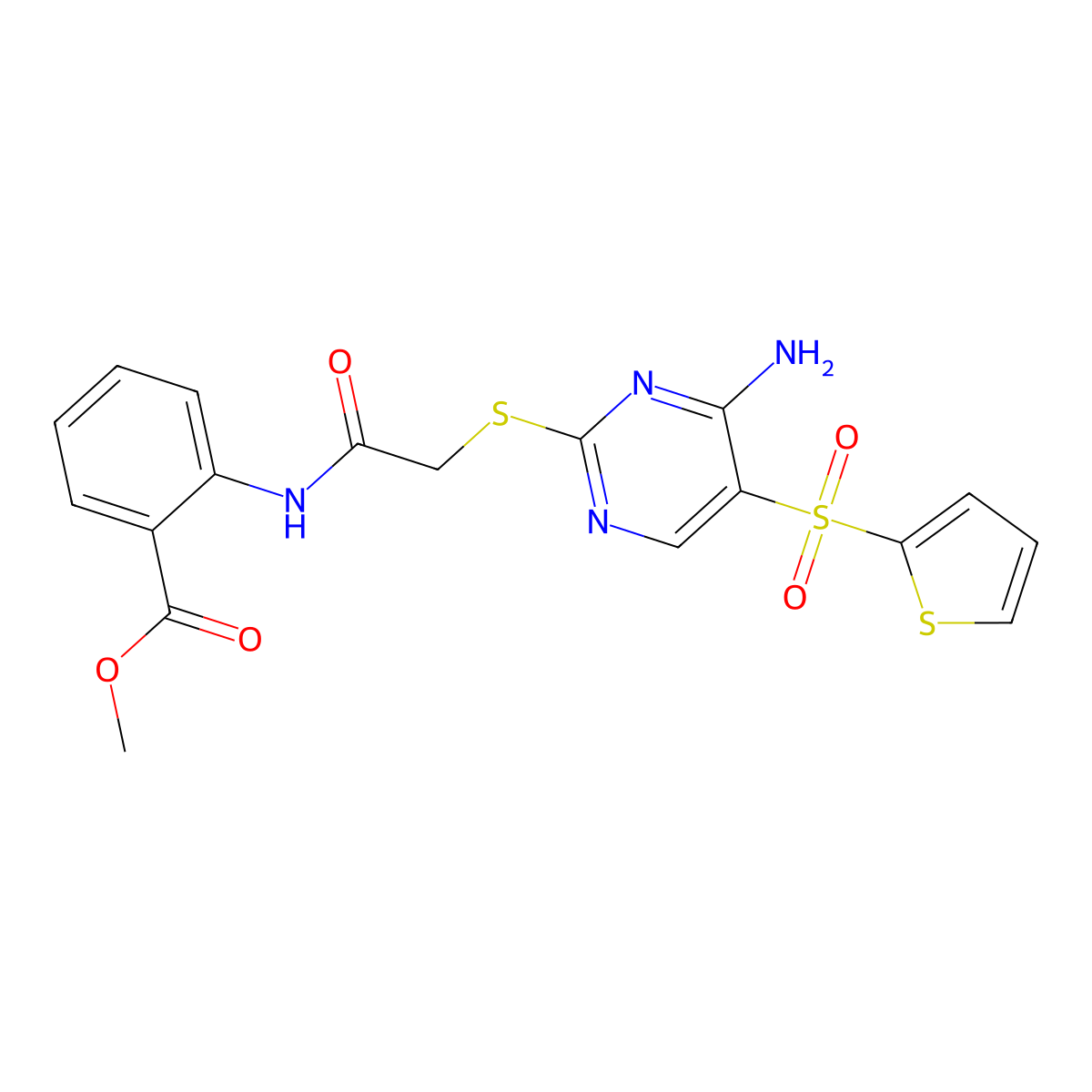 Methyl 2-(2-{[4-amino-5-(thiophene-2-sulfonyl)pyrimidin-2-yl]sulfanyl}acetamido)benzoate molecular structure, CAS 1040656-83-4