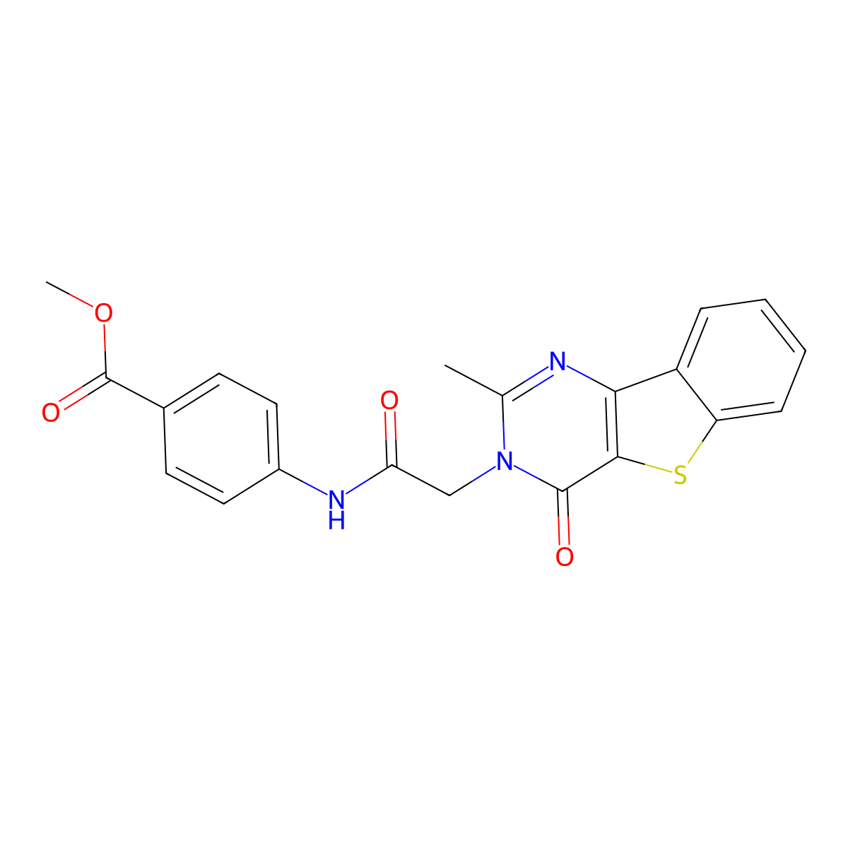 Methyl 4-(2-{4-methyl-6-oxo-8-thia-3,5-diazatricyclo[7.4.0.0^{2,7}]trideca-1(13),2(7),3,9,11-pentaen-5-yl}acetamido)benzoate molecular structure, CAS 1040656-94-7