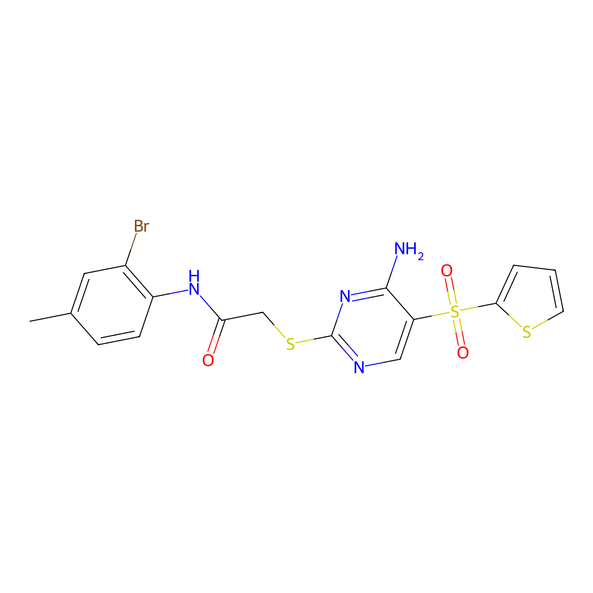 2-{[4-amino-5-(thiophene-2-sulfonyl)pyrimidin-2-yl]sulfanyl}-N-(2-bromo-4-methylphenyl)acetamide molecular structure, CAS 1040657-18-8