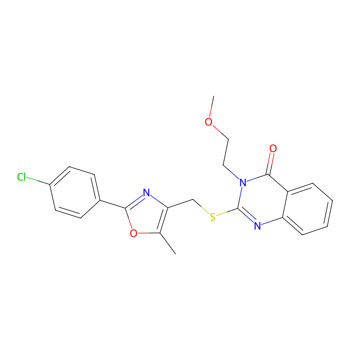 2-(((2-(4-chlorophenyl)-5-methyloxazol-4-yl)methyl)thio)-3-(2-methoxyethyl)quinazolin-4(3H)-one molecular structure, CAS 1040657-20-2