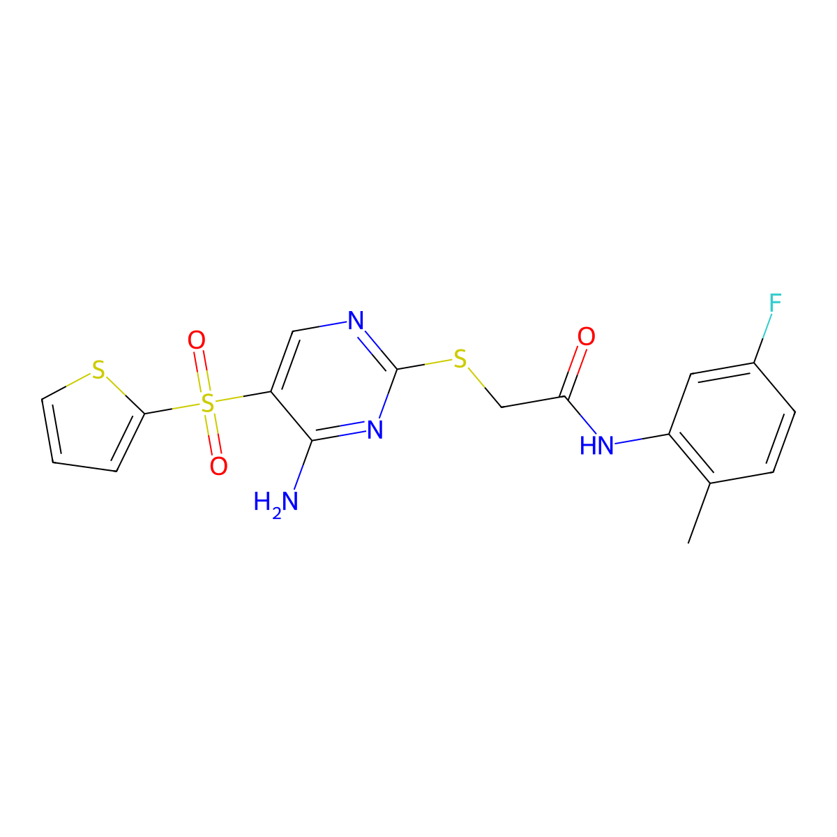2-{[4-amino-5-(thiophene-2-sulfonyl)pyrimidin-2-yl]sulfanyl}-N-(5-fluoro-2-methylphenyl)acetamide molecular structure, CAS 1040657-32-6