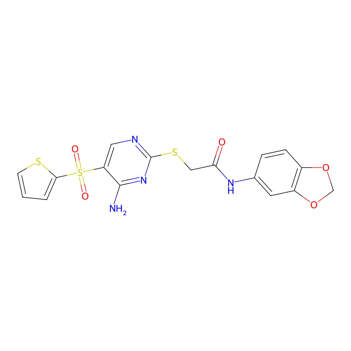 2-{[4-amino-5-(thiophene-2-sulfonyl)pyrimidin-2-yl]sulfanyl}-N-(2H-1,3-benzodioxol-5-yl)acetamide molecular structure, CAS 1040657-51-9