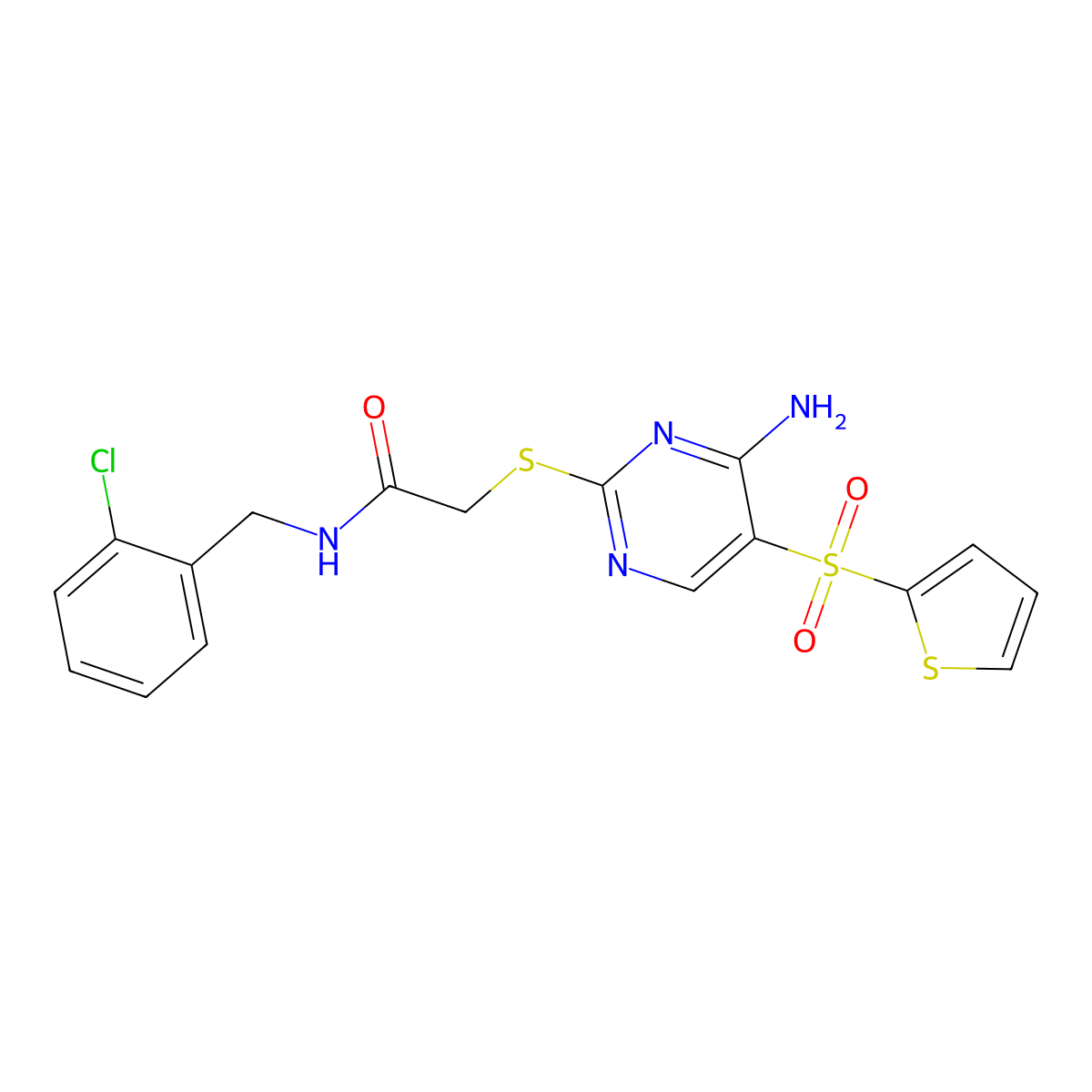 2-{[4-amino-5-(thiophene-2-sulfonyl)pyrimidin-2-yl]sulfanyl}-N-[(2-chlorophenyl)methyl]acetamide molecular structure, CAS 1040657-63-3