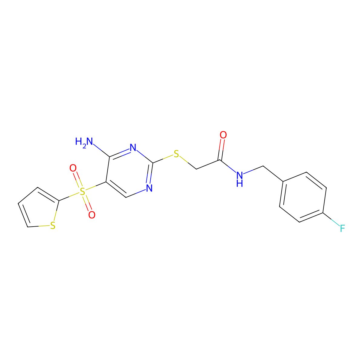 2-{[4-amino-5-(thiophene-2-sulfonyl)pyrimidin-2-yl]sulfanyl}-N-[(4-fluorophenyl)methyl]acetamide molecular structure, CAS 1040657-69-9