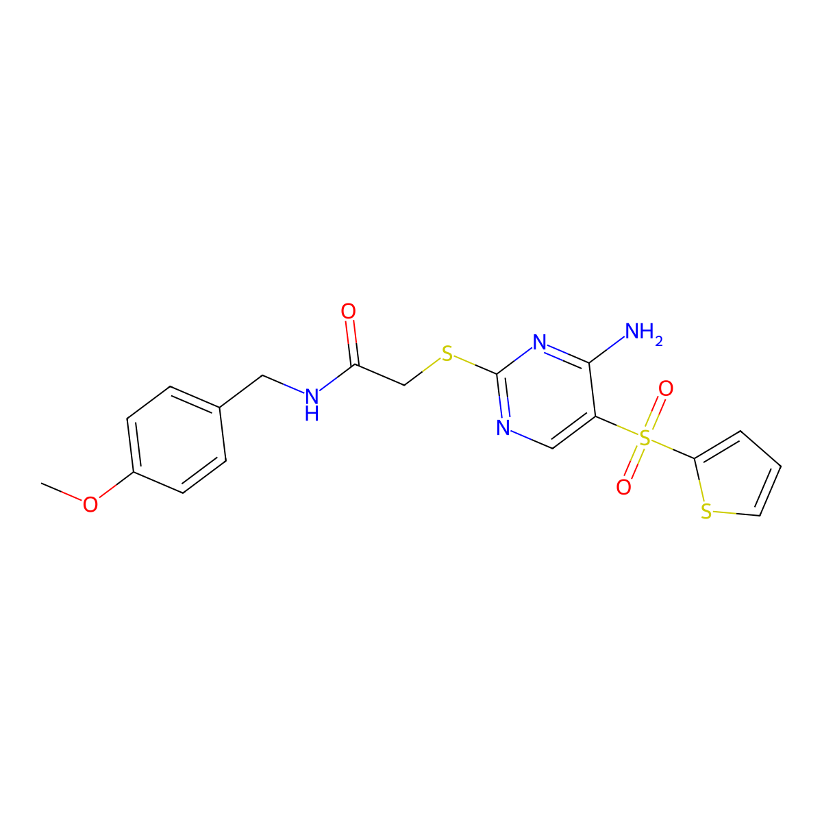 2-{[4-amino-5-(thiophene-2-sulfonyl)pyrimidin-2-yl]sulfanyl}-N-[(4-methoxyphenyl)methyl]acetamide molecular structure, CAS 1040657-75-7