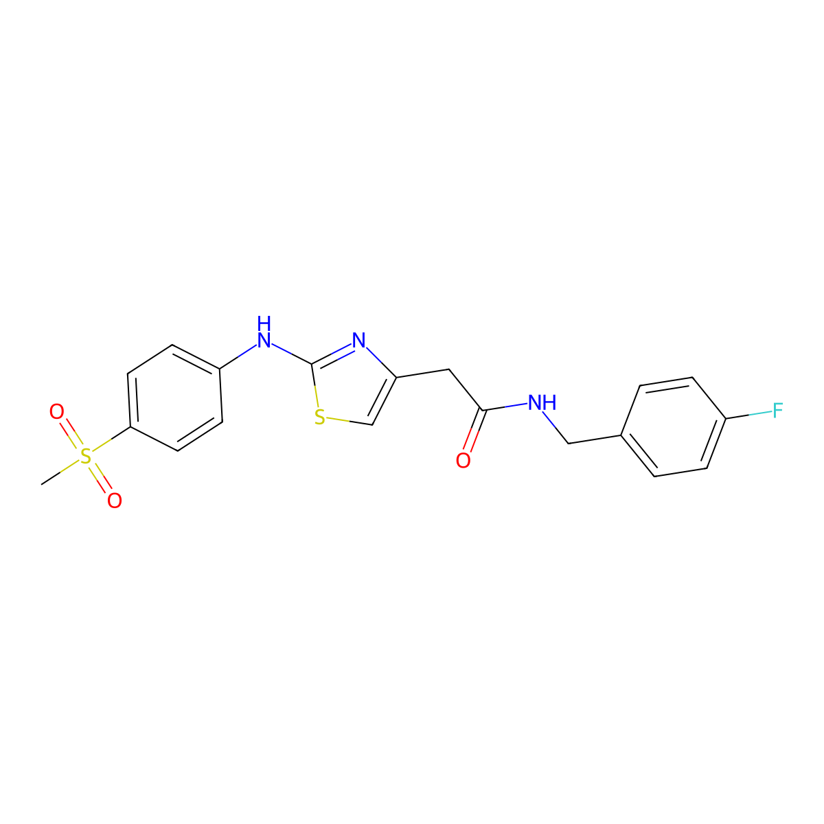 N-[(4-fluorophenyl)methyl]-2-{2-[(4-methanesulfonylphenyl)amino]-1,3-thiazol-4-yl}acetamide molecular structure, CAS 1040657-84-8