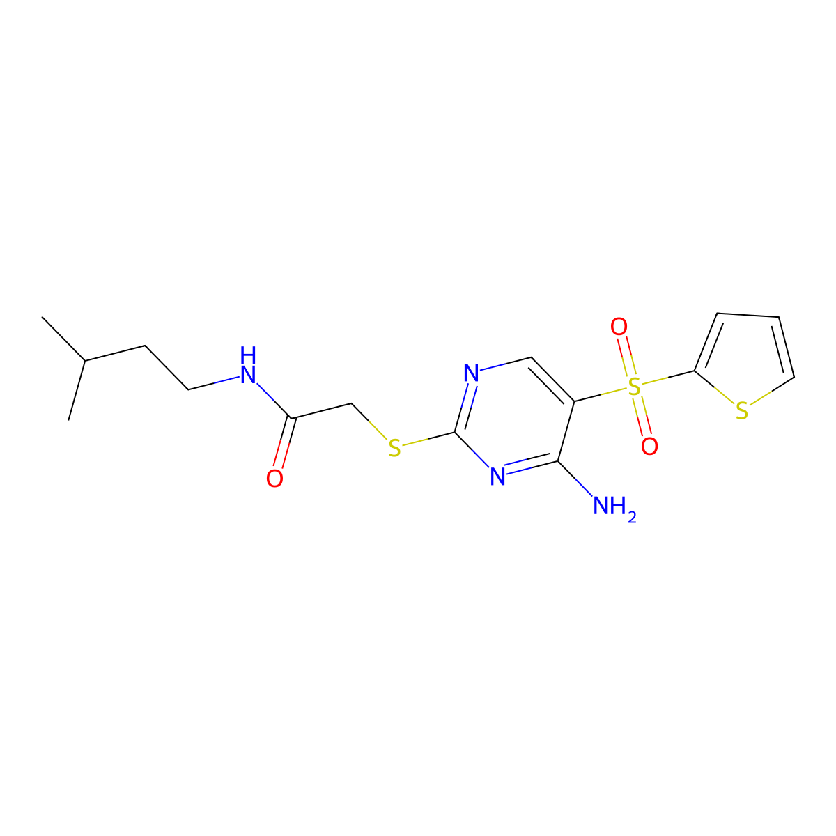 2-((4-amino-5-(thiophen-2-ylsulfonyl)pyrimidin-2-yl)thio)-N-isopentylacetamide molecular structure, CAS 1040657-87-1