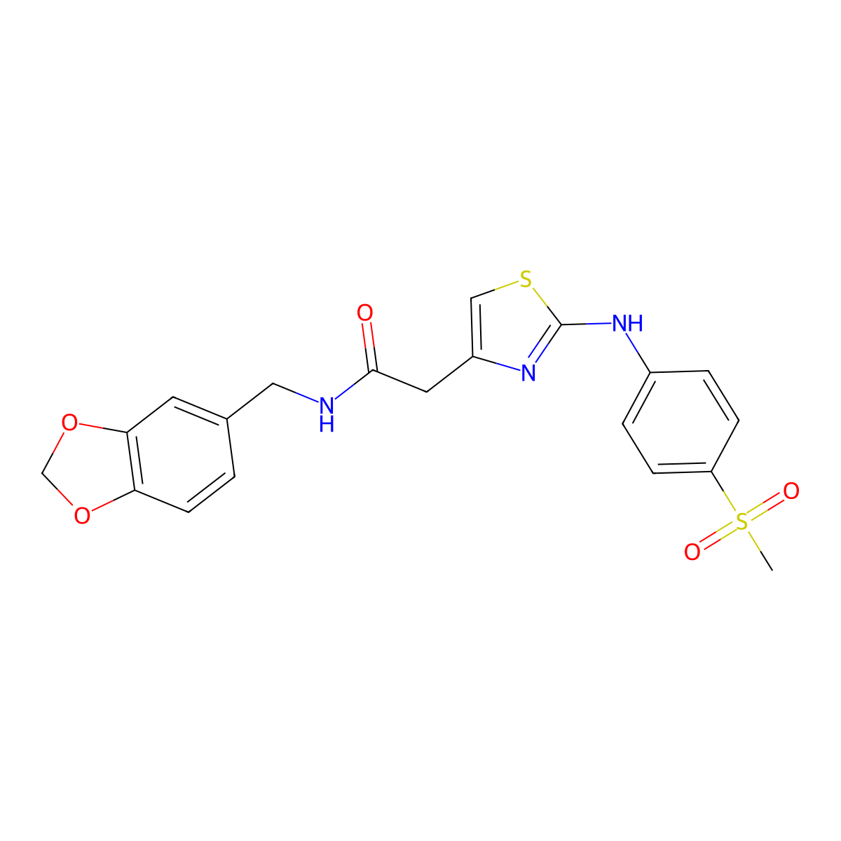 N-[(2H-1,3-benzodioxol-5-yl)methyl]-2-{2-[(4-methanesulfonylphenyl)amino]-1,3-thiazol-4-yl}acetamide molecular structure, CAS 1040657-90-6
