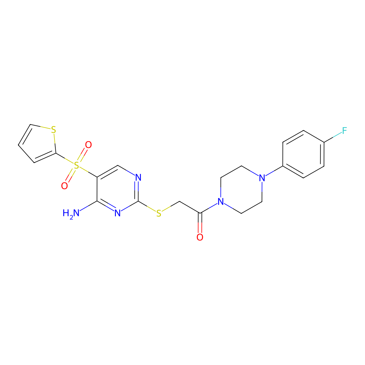2-{[4-Amino-5-(thiophene-2-sulfonyl)pyrimidin-2-yl]sulfanyl}-1-[4-(4-fluorophenyl)piperazin-1-yl]ethan-1-one molecular structure, CAS 1040657-98-4