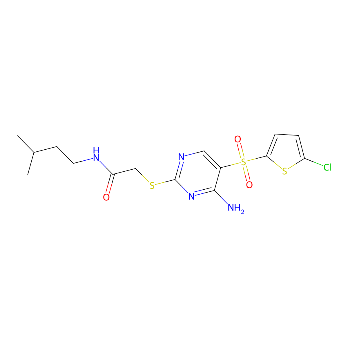 2-({4-amino-5-[(5-chlorothiophen-2-yl)sulfonyl]pyrimidin-2-yl}sulfanyl)-N-(3-methylbutyl)acetamide molecular structure, CAS 1040658-03-4