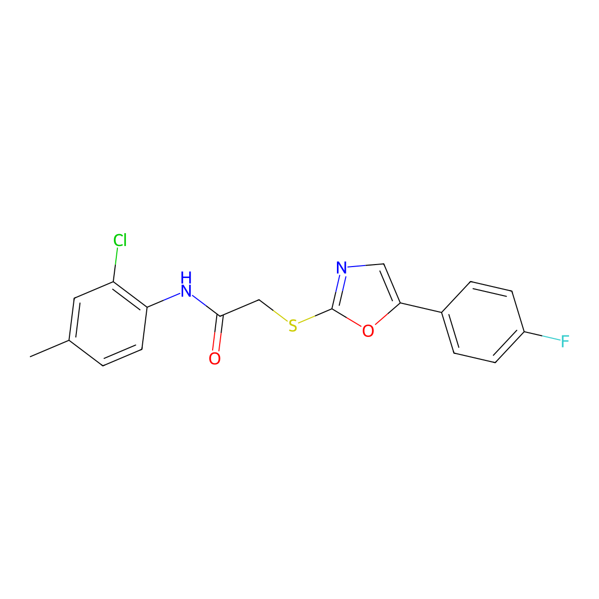 N-(2-chloro-4-methylphenyl)-2-((5-(4-fluorophenyl)oxazol-2-yl)thio)acetamide molecular structure, CAS 1040658-14-7