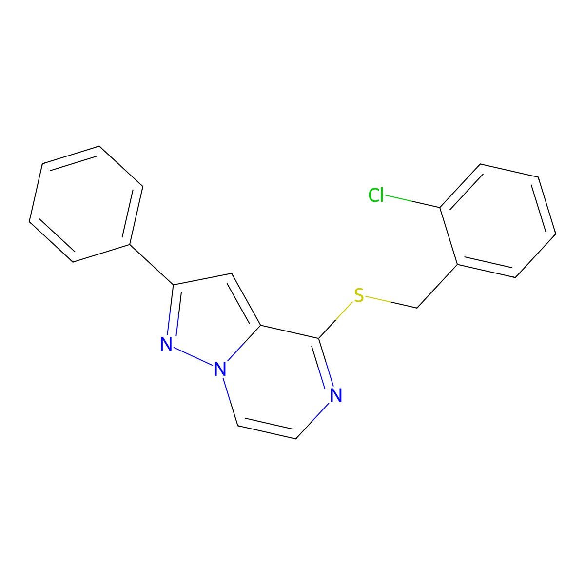 4-[(2-Chlorobenzyl)thio]-2-phenylpyrazolo[1,5-a]pyrazine molecular structure, CAS 1040658-18-1