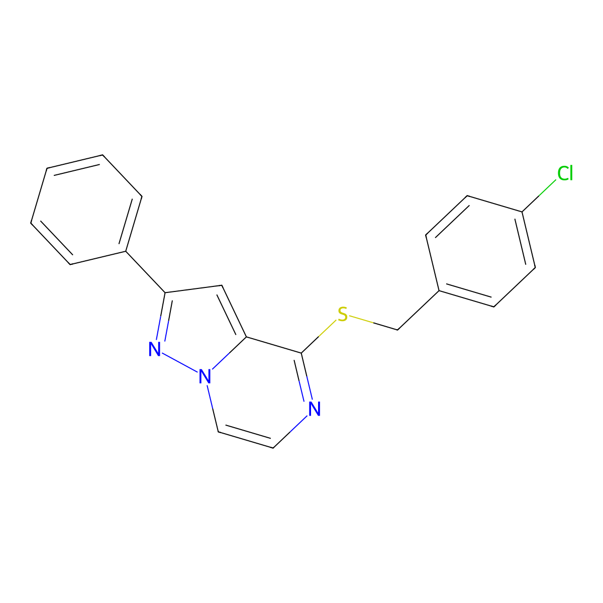 4-[(4-Chlorobenzyl)thio]-2-phenylpyrazolo[1,5-a]pyrazine molecular structure, CAS 1040658-28-3