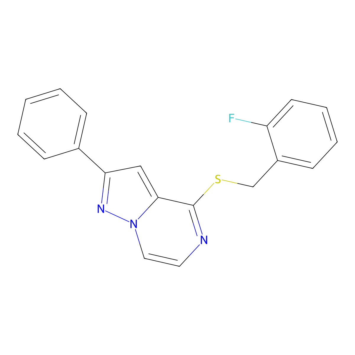 4-[(2-Fluorobenzyl)thio]-2-phenylpyrazolo[1,5-a]pyrazine molecular structure, CAS 1040658-33-0