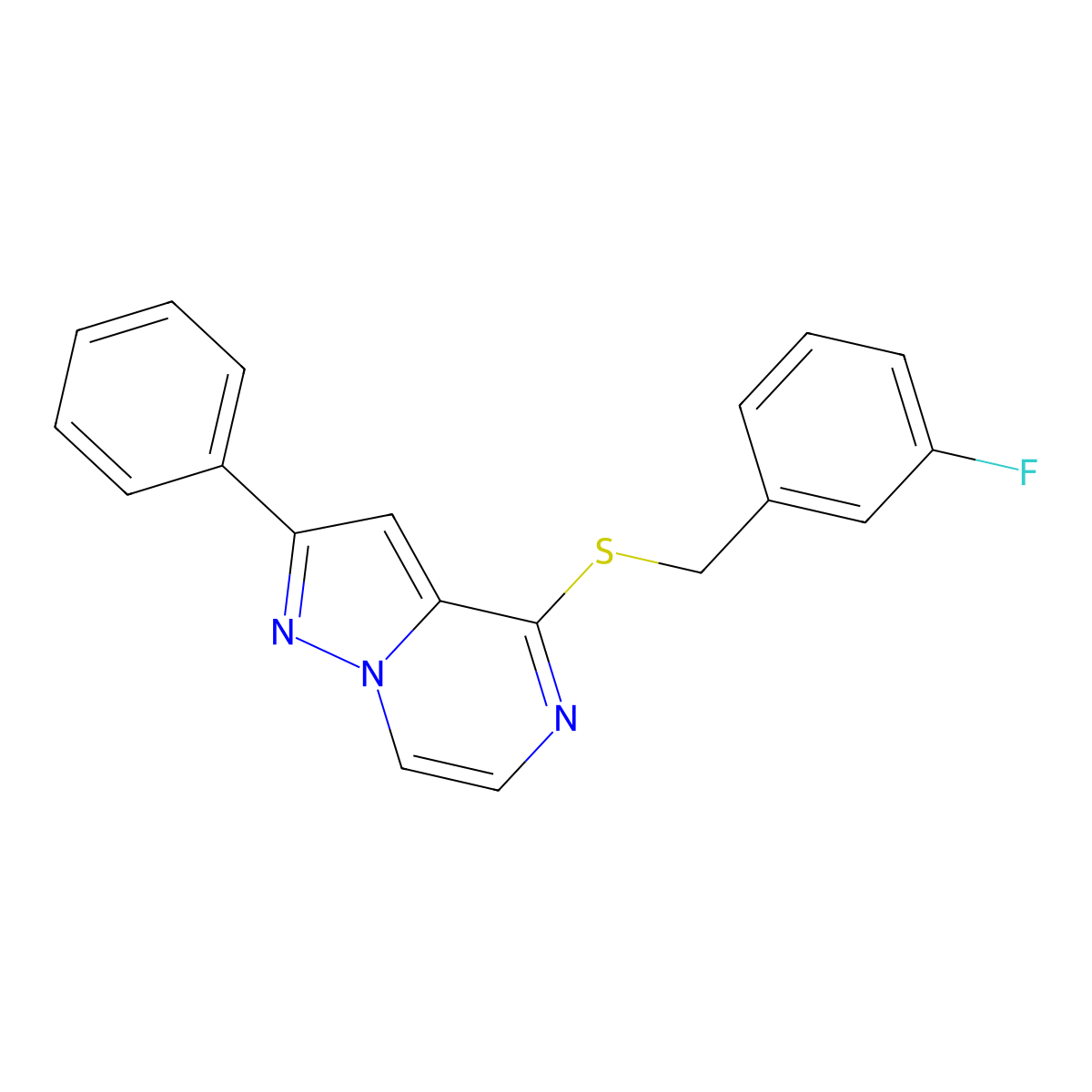 4-((3-Fluorobenzyl)thio)-2-phenylpyrazolo[1,5-a]pyrazine molecular structure, CAS 1040658-38-5