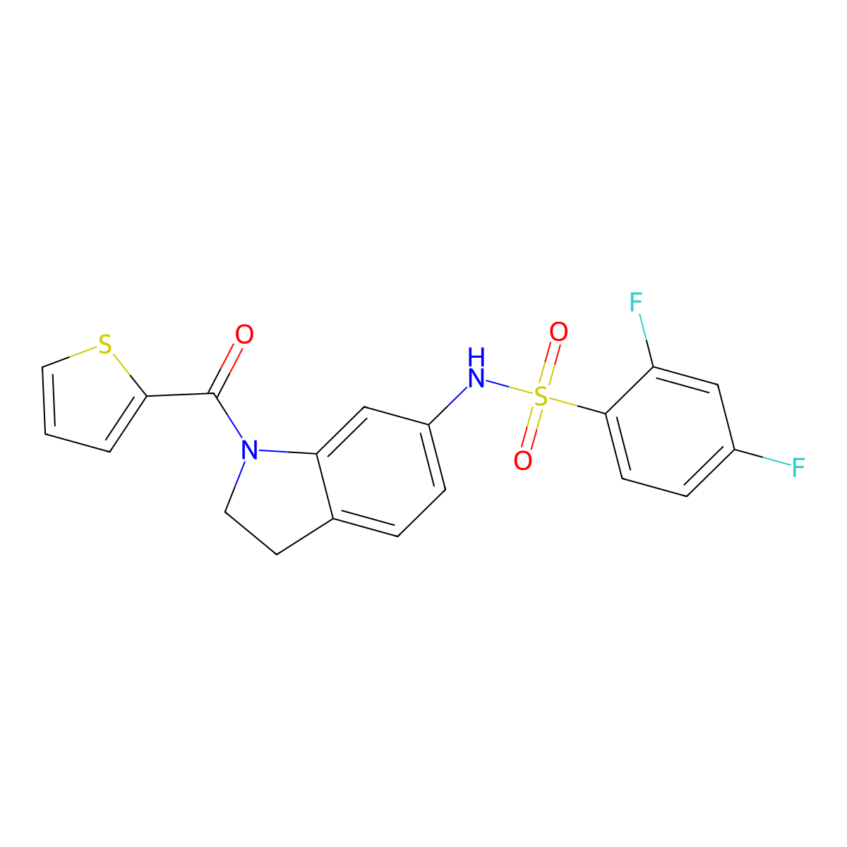 2,4-difluoro-N-(1-(thiophene-2-carbonyl)indolin-6-yl)benzenesulfonamide molecular structure, CAS 1040658-42-1