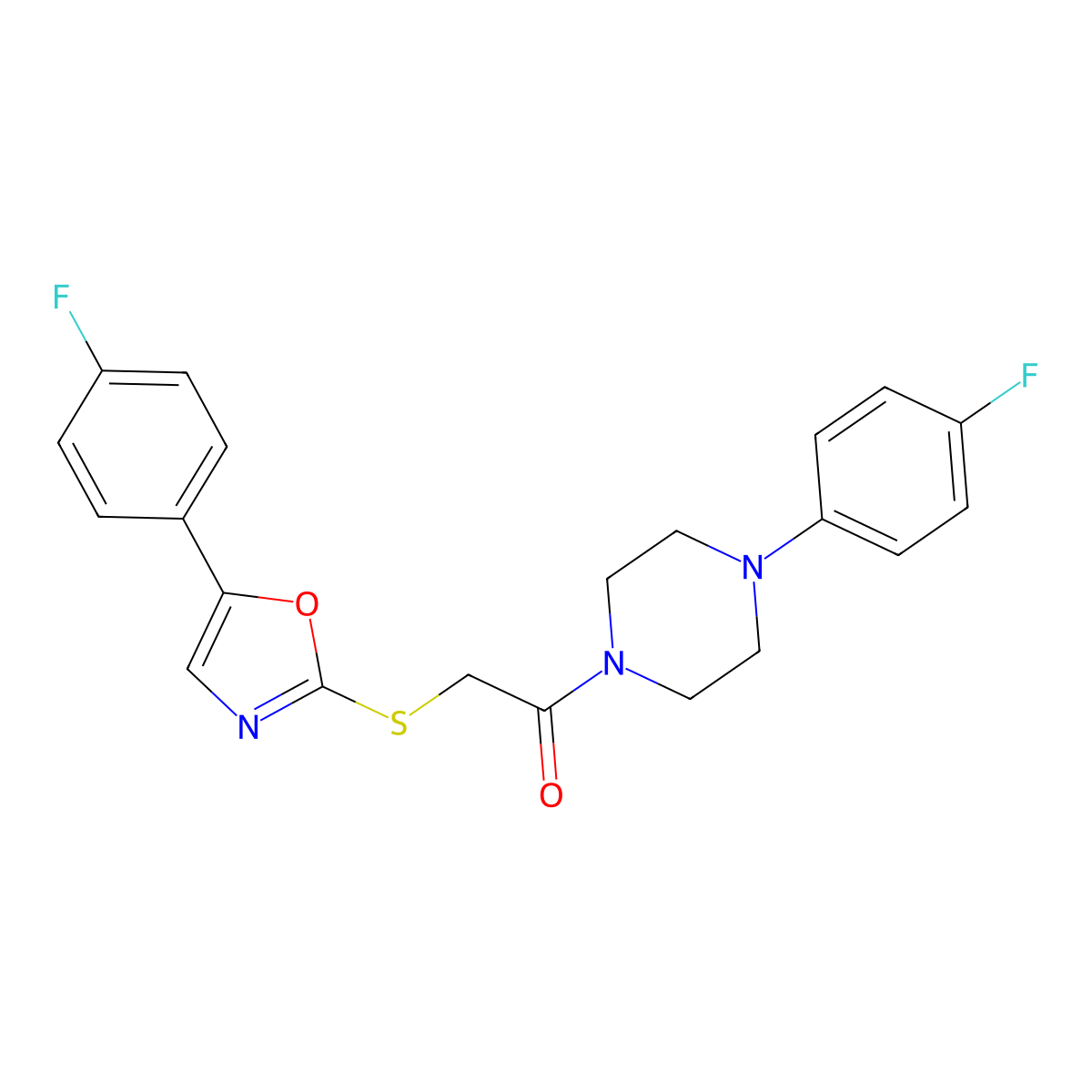 1-(4-Fluorophenyl)-4-({[5-(4-fluorophenyl)-1,3-oxazol-2-yl]thio}acetyl)piperazine molecular structure, CAS 1040658-50-1