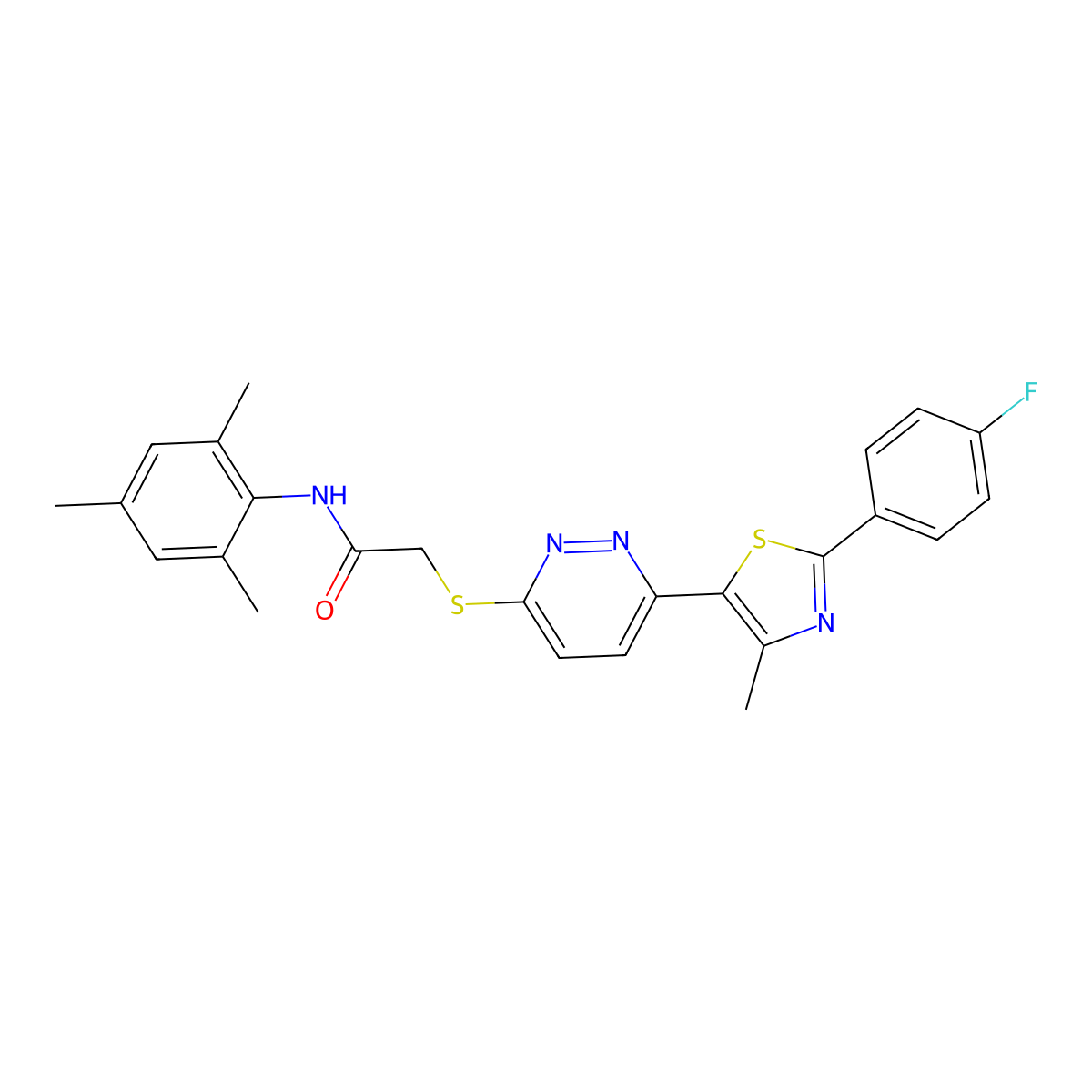 2-((6-(2-(4-fluorophenyl)-4-methylthiazol-5-yl)pyridazin-3-yl)thio)-N-mesitylacetamide molecular structure, CAS 1040658-59-0