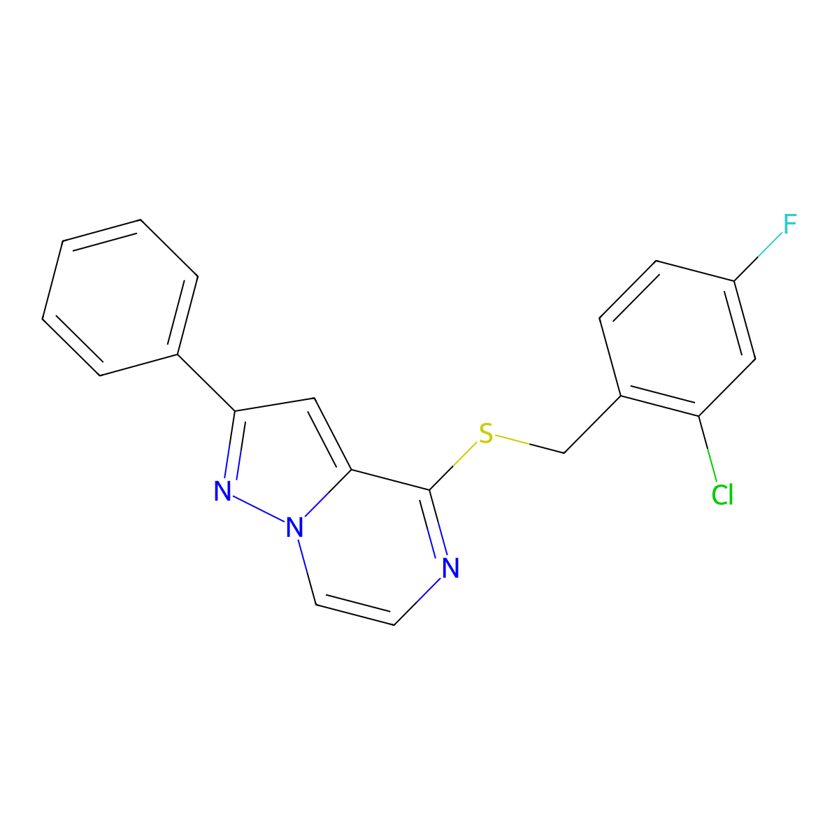 4-[(2-Chloro-4-fluorobenzyl)thio]-2-phenylpyrazolo[1,5-a]pyrazine molecular structure, CAS 1040658-73-8