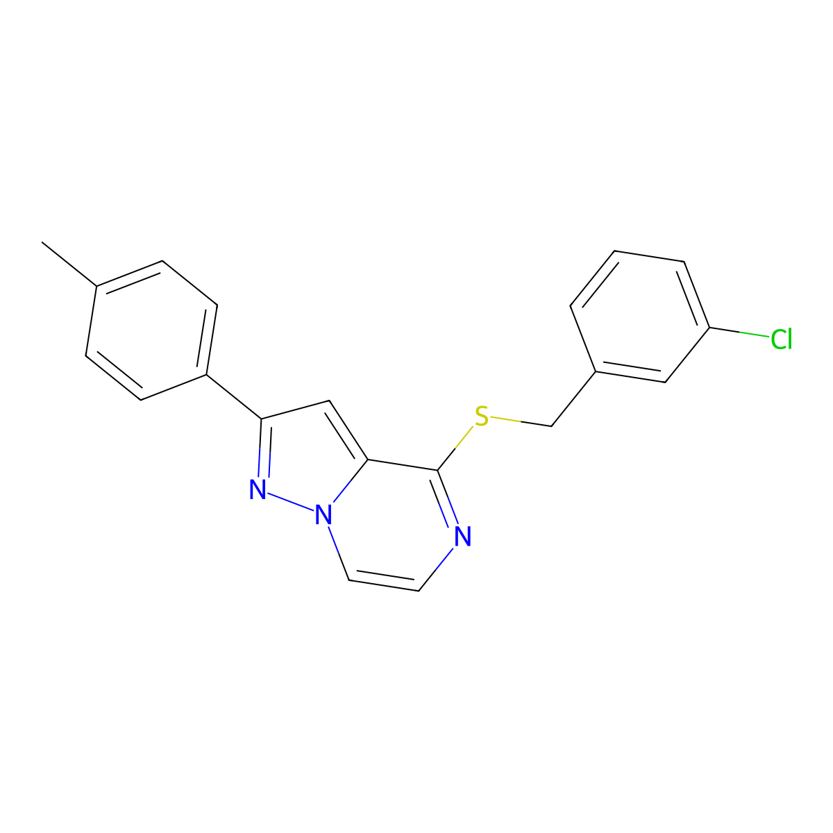 4-[(3-Chlorobenzyl)thio]-2-(4-methylphenyl)pyrazolo[1,5-a]pyrazine molecular structure, CAS 1040658-88-5
