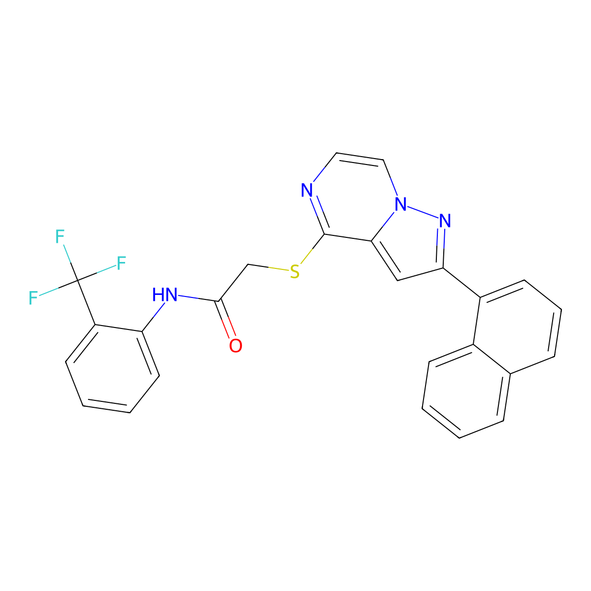 2-{[2-(naphthalen-1-yl)pyrazolo[1,5-a]pyrazin-4-yl]sulfanyl}-N-[2-(trifluoromethyl)phenyl]acetamide molecular structure, CAS 1040659-00-4