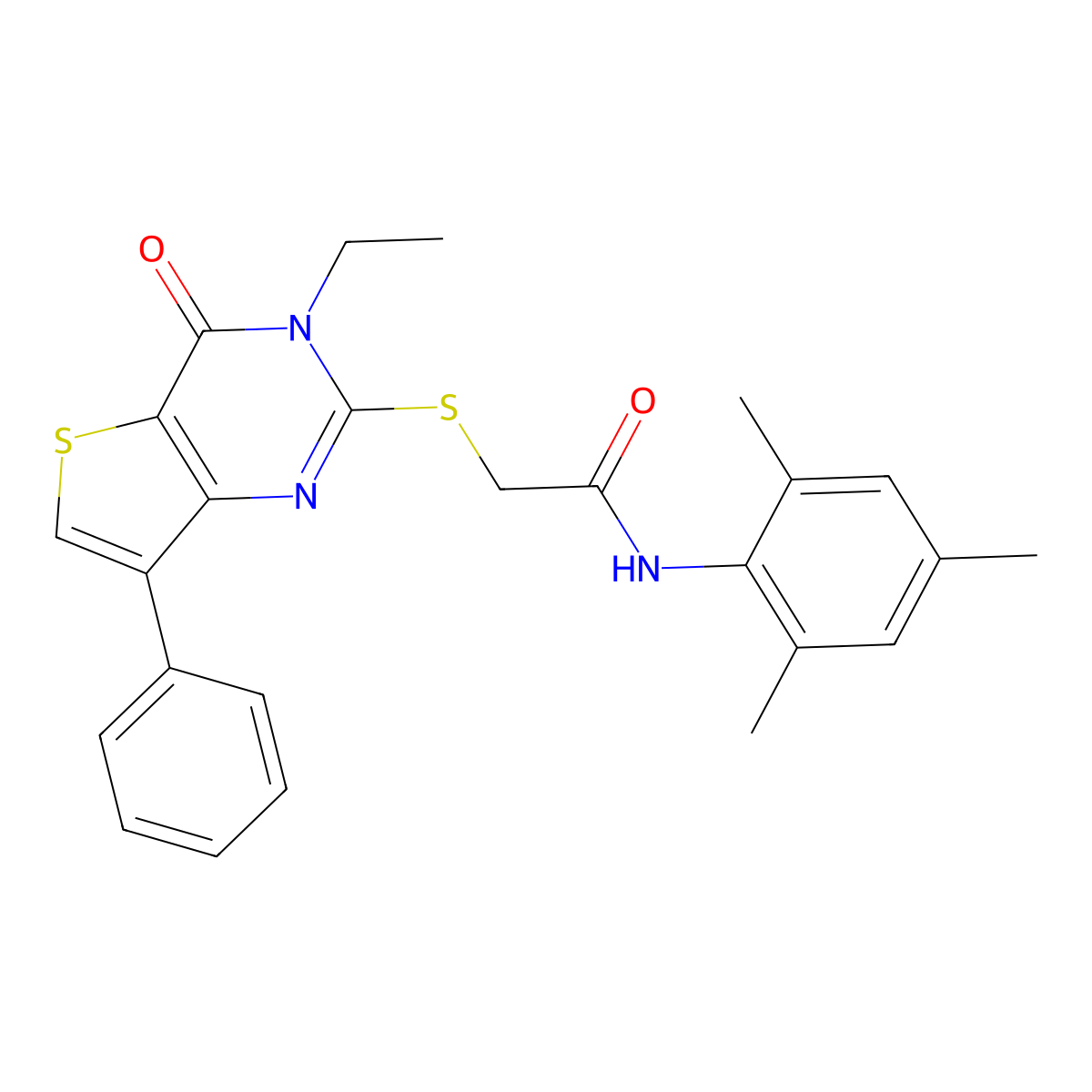 2-[(3-ethyl-4-oxo-7-phenyl-3,4-dihydrothieno[3,2-d]pyrimidin-2-yl)thio]-N-mesitylacetamide molecular structure, CAS 1040660-23-8