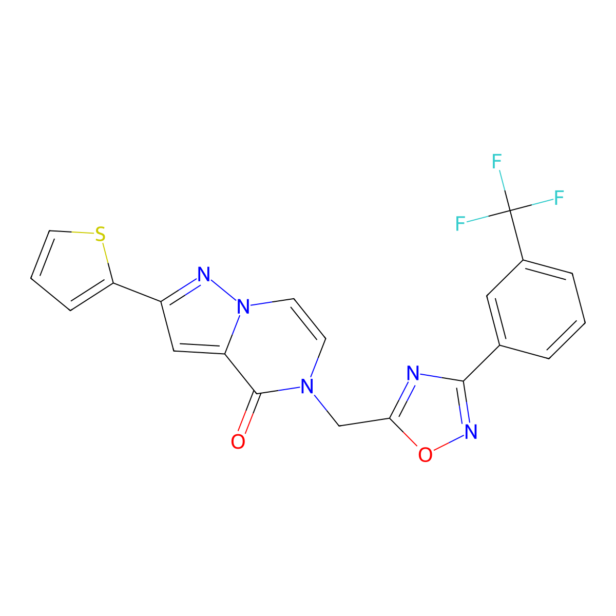 2-(thiophen-2-yl)-5-({3-[3-(trifluoromethyl)phenyl]-1,2,4-oxadiazol-5-yl}methyl)-4H,5H-pyrazolo[1,5-a]pyrazin-4-one molecular structure, CAS 1040660-90-9