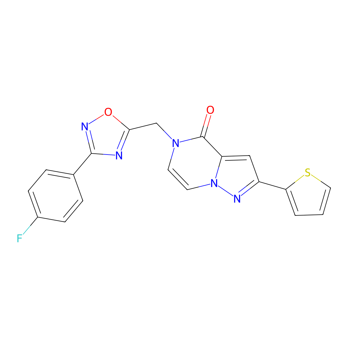 5-{[3-(4-fluorophenyl)-1,2,4-oxadiazol-5-yl]methyl}-2-(thiophen-2-yl)-4H,5H-pyrazolo[1,5-a]pyrazin-4-one molecular structure, CAS 1040660-97-6