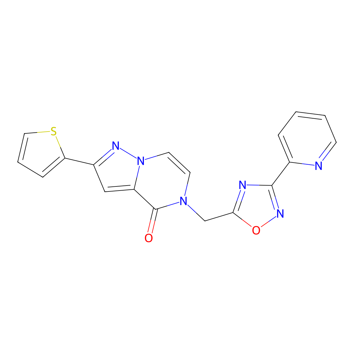 5-{[3-(pyridin-2-yl)-1,2,4-oxadiazol-5-yl]methyl}-2-(thiophen-2-yl)-4H,5H-pyrazolo[1,5-a]pyrazin-4-one molecular structure, CAS 1040661-11-7