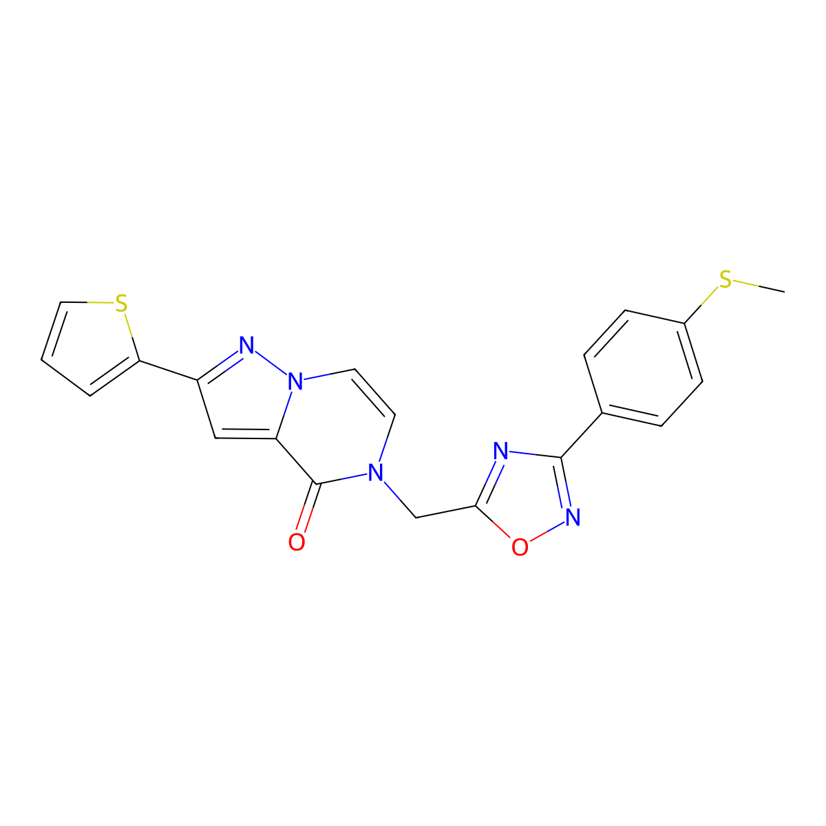5-({3-[4-(methylsulfanyl)phenyl]-1,2,4-oxadiazol-5-yl}methyl)-2-(thiophen-2-yl)-4H,5H-pyrazolo[1,5-a]pyrazin-4-one molecular structure, CAS 1040661-32-2