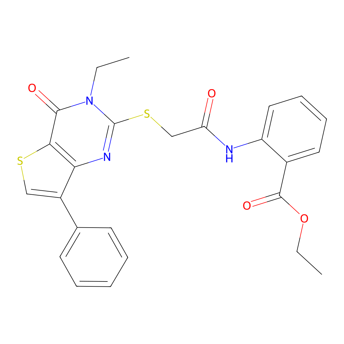 ethyl 2-[2-({3-ethyl-4-oxo-7-phenyl-3H,4H-thieno[3,2-d]pyrimidin-2-yl}sulfanyl)acetamido]benzoate molecular structure, CAS 1040661-52-6