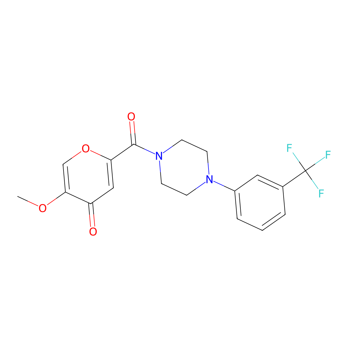 5-methoxy-2-{4-[3-(trifluoromethyl)phenyl]piperazine-1-carbonyl}-4H-pyran-4-one molecular structure, CAS 1040661-76-4
