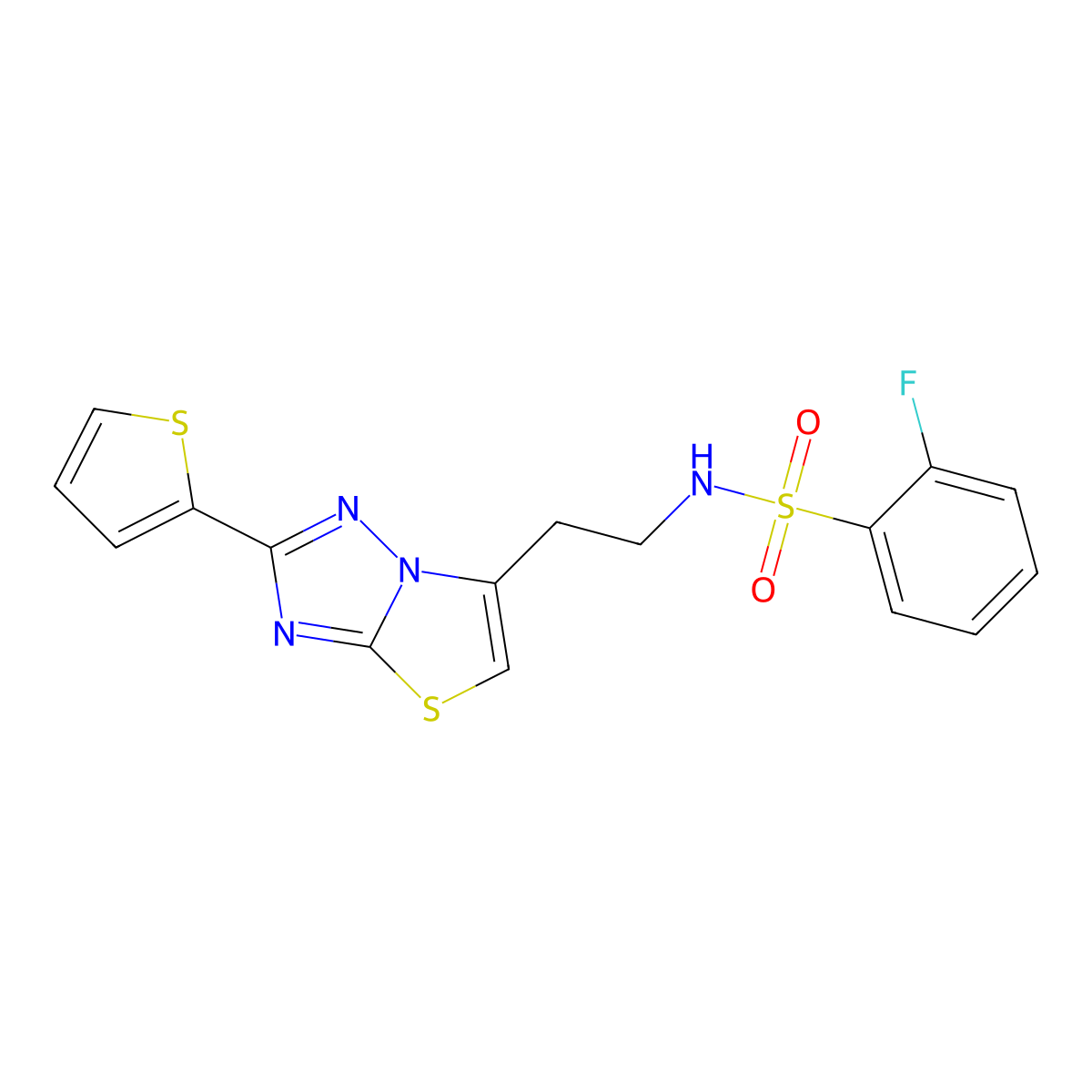 2-fluoro-N-(2-(2-(thiophen-2-yl)thiazolo[3,2-b][1,2,4]triazol-6-yl)ethyl)benzenesulfonamide molecular structure, CAS 1040662-35-8