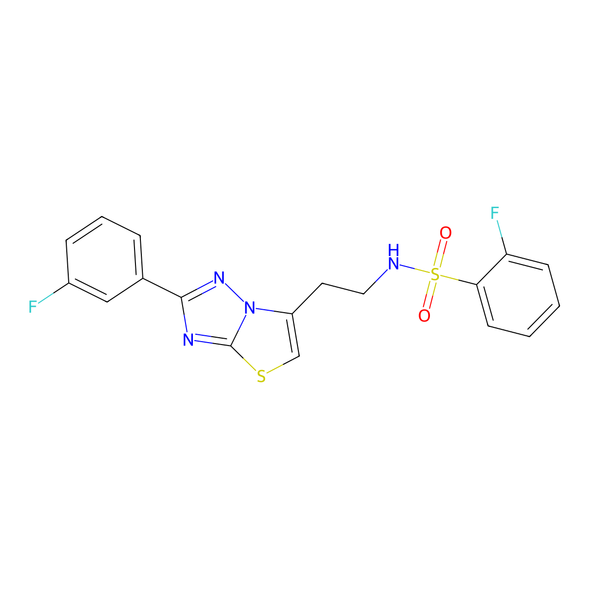 2-fluoro-N-(2-(2-(3-fluorophenyl)thiazolo[3,2-b][1,2,4]triazol-6-yl)ethyl)benzenesulfonamide molecular structure, CAS 1040662-42-7