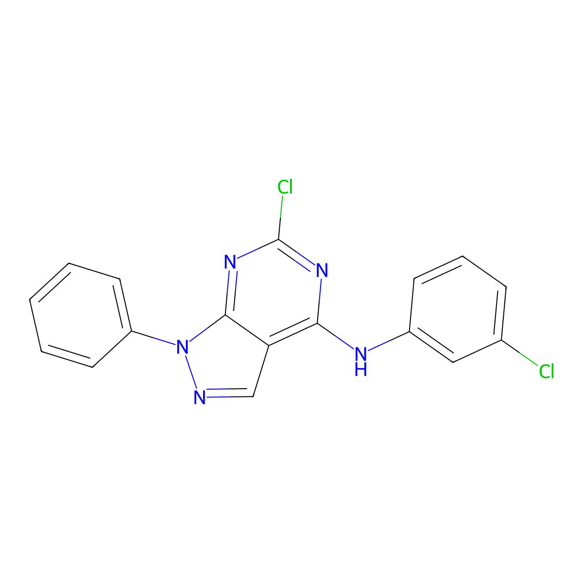 6-Chloro-N-(3-chlorophenyl)-1-phenyl-1H-pyrazolo[3,4-d]pyrimidin-4-amine molecular structure, CAS 1040662-85-8