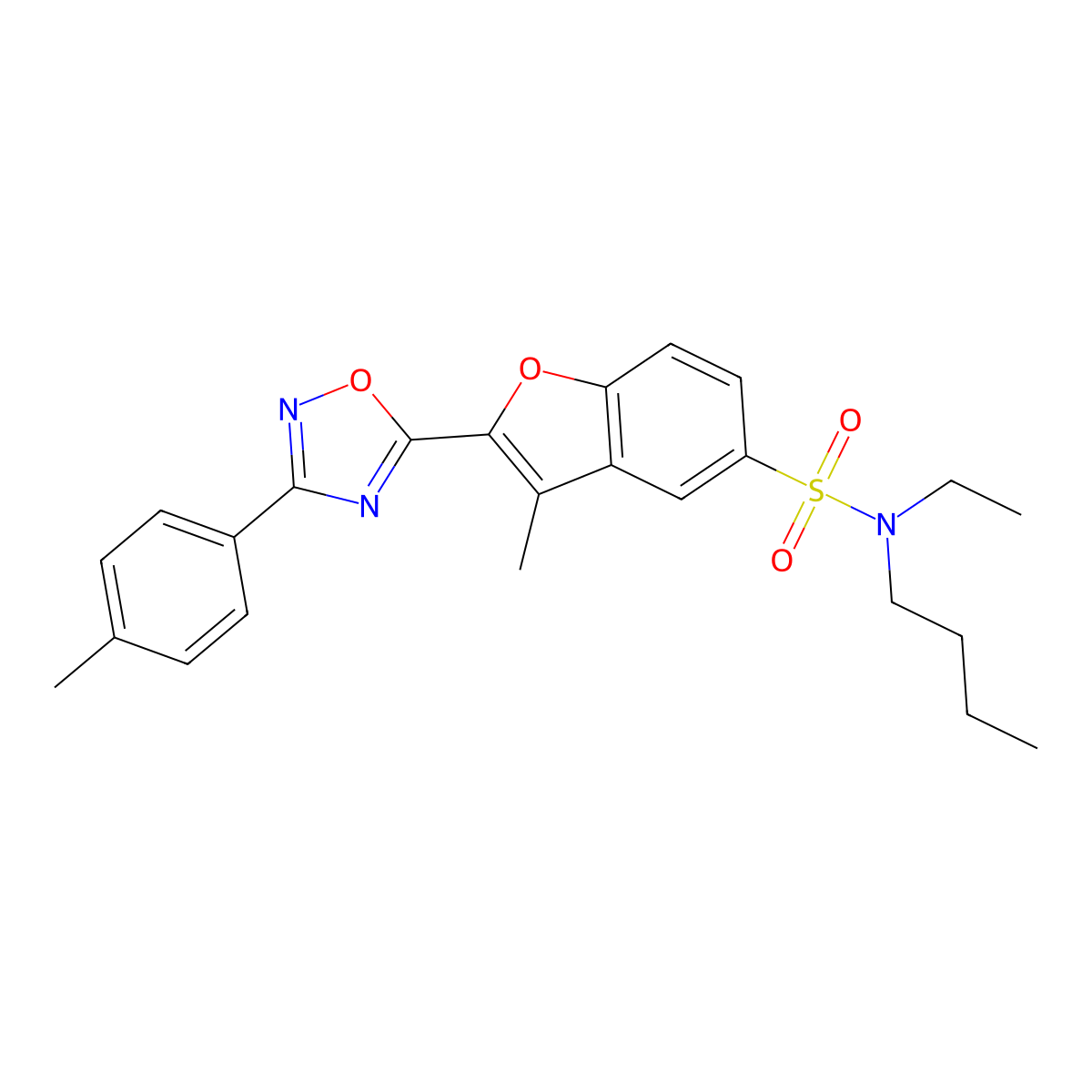N-butyl-N-ethyl-3-methyl-2-[3-(4-methylphenyl)-1,2,4-oxadiazol-5-yl]-1-benzofuran-5-sulfonamide molecular structure, CAS 1040662-92-7