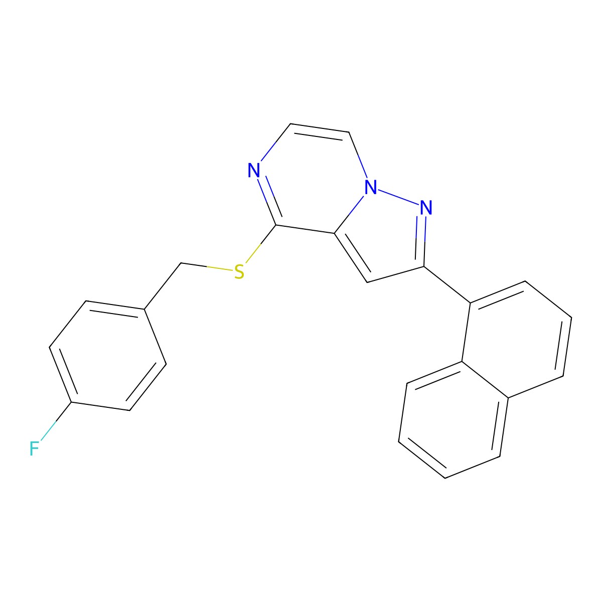 4-[(4-Fluorobenzyl)thio]-2-(1-naphthyl)pyrazolo[1,5-a]pyrazine molecular structure, CAS 1040663-02-2