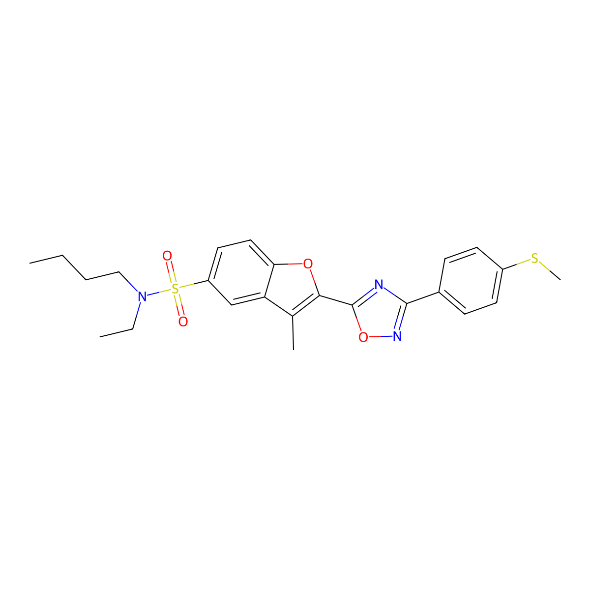 N-butyl-N-ethyl-3-methyl-2-(3-(4-(methylthio)phenyl)-1,2,4-oxadiazol-5-yl)benzofuran-5-sulfonamide molecular structure, CAS 1040663-08-8