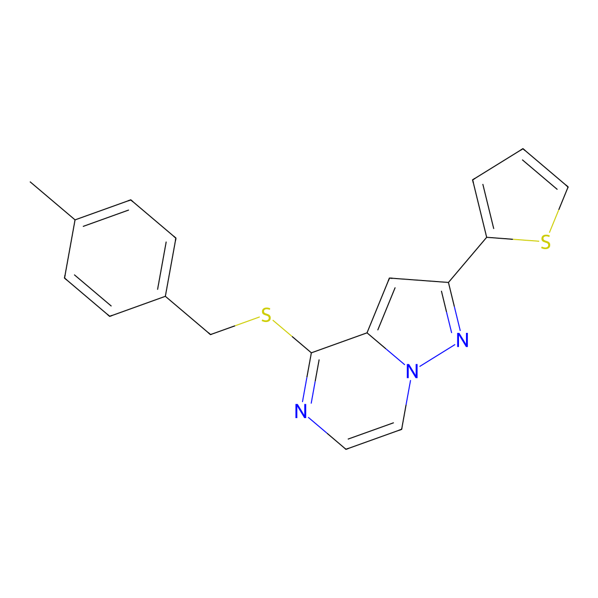 4-{[(4-Methylphenyl)methyl]sulfanyl}-2-(thiophen-2-YL)pyrazolo[1,5-A]pyrazine molecular structure, CAS 1040663-10-2