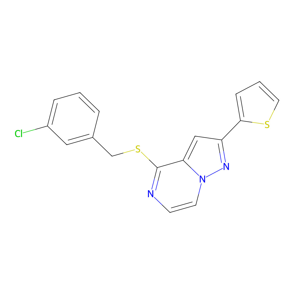 4-[(3-Chlorobenzyl)thio]-2-(2-thienyl)pyrazolo[1,5-a]pyrazine molecular structure, CAS 1040663-18-0