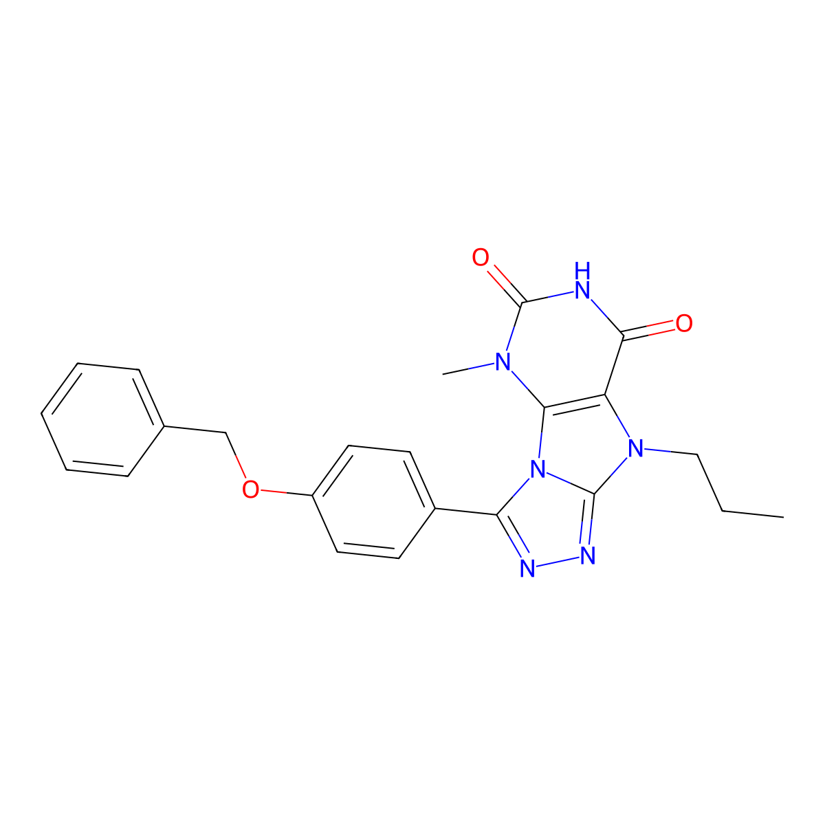 3-[4-(benzyloxy)phenyl]-5-methyl-9-propyl-5H,6H,7H,8H,9H-[1,2,4]triazolo[3,4-h]purine-6,8-dione molecular structure, CAS 1040663-25-9