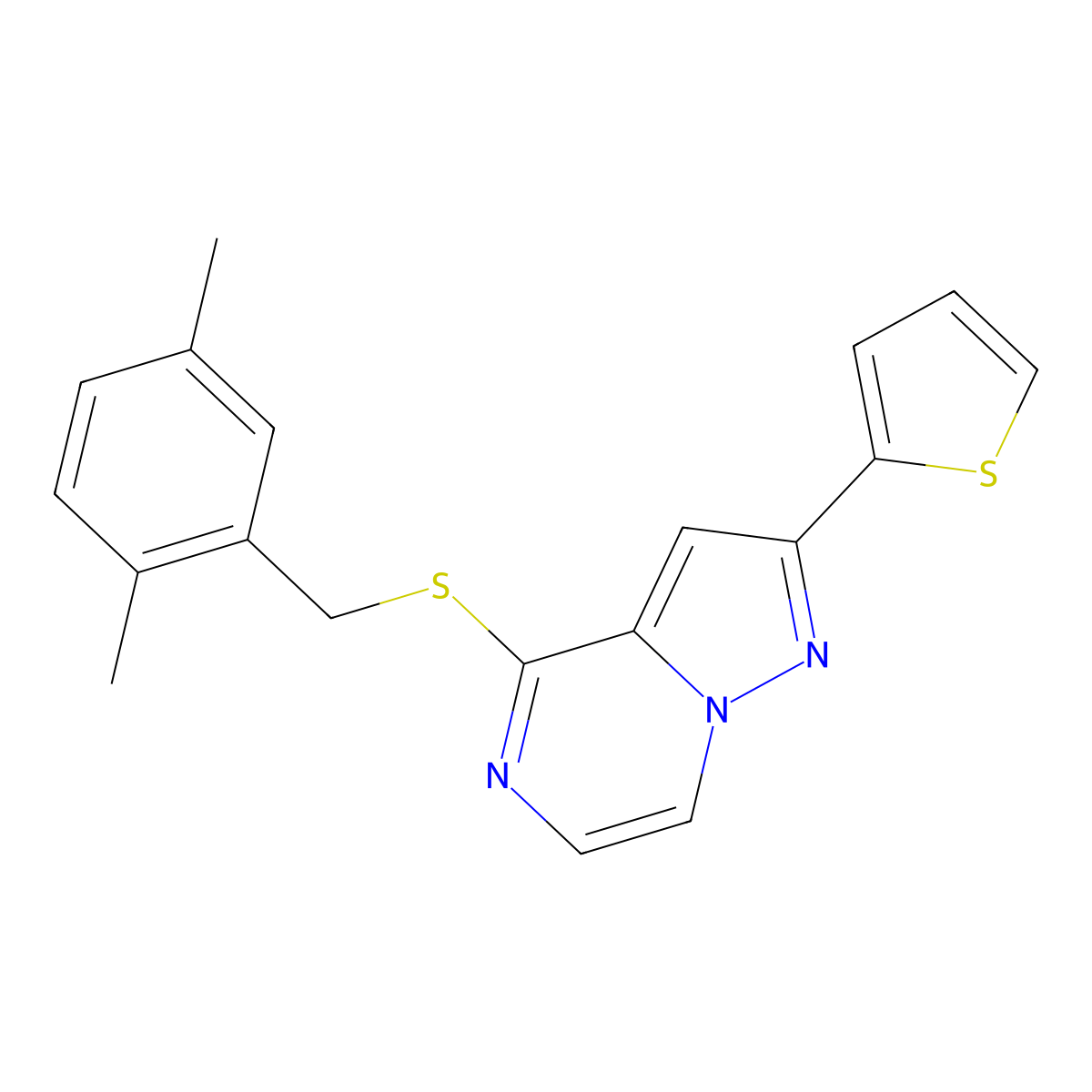 4-{[(2,5-Dimethylphenyl)methyl]sulfanyl}-2-(thiophen-2-YL)pyrazolo[1,5-A]pyrazine molecular structure, CAS 1040663-26-0