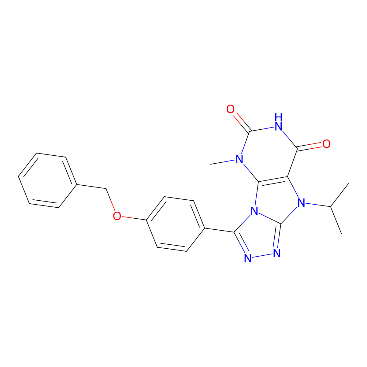 3-(4-(benzyloxy)phenyl)-9-isopropyl-5-methyl-5H-[1,2,4]triazolo[4,3-e]purine-6,8(7H,9H)-dione molecular structure, CAS 1040663-33-9