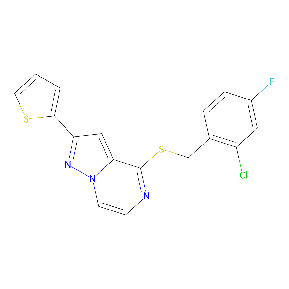 4-[(2-Chloro-4-fluorobenzyl)thio]-2-(2-thienyl)pyrazolo[1,5-a]pyrazine molecular structure, CAS 1040663-34-0