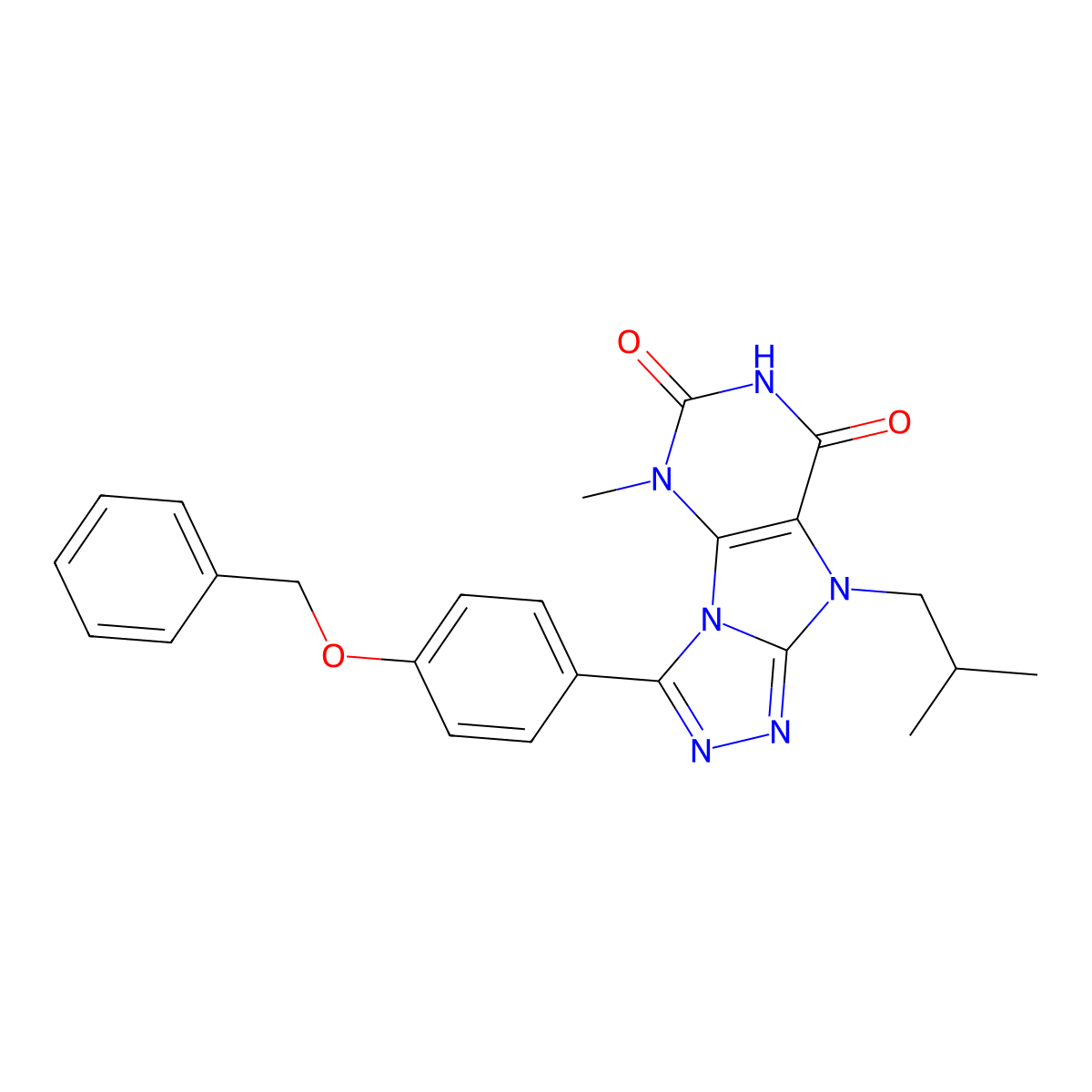 3-[4-(benzyloxy)phenyl]-5-methyl-9-(2-methylpropyl)-5H,6H,7H,8H,9H-[1,2,4]triazolo[3,4-h]purine-6,8-dione molecular structure, CAS 1040663-41-9
