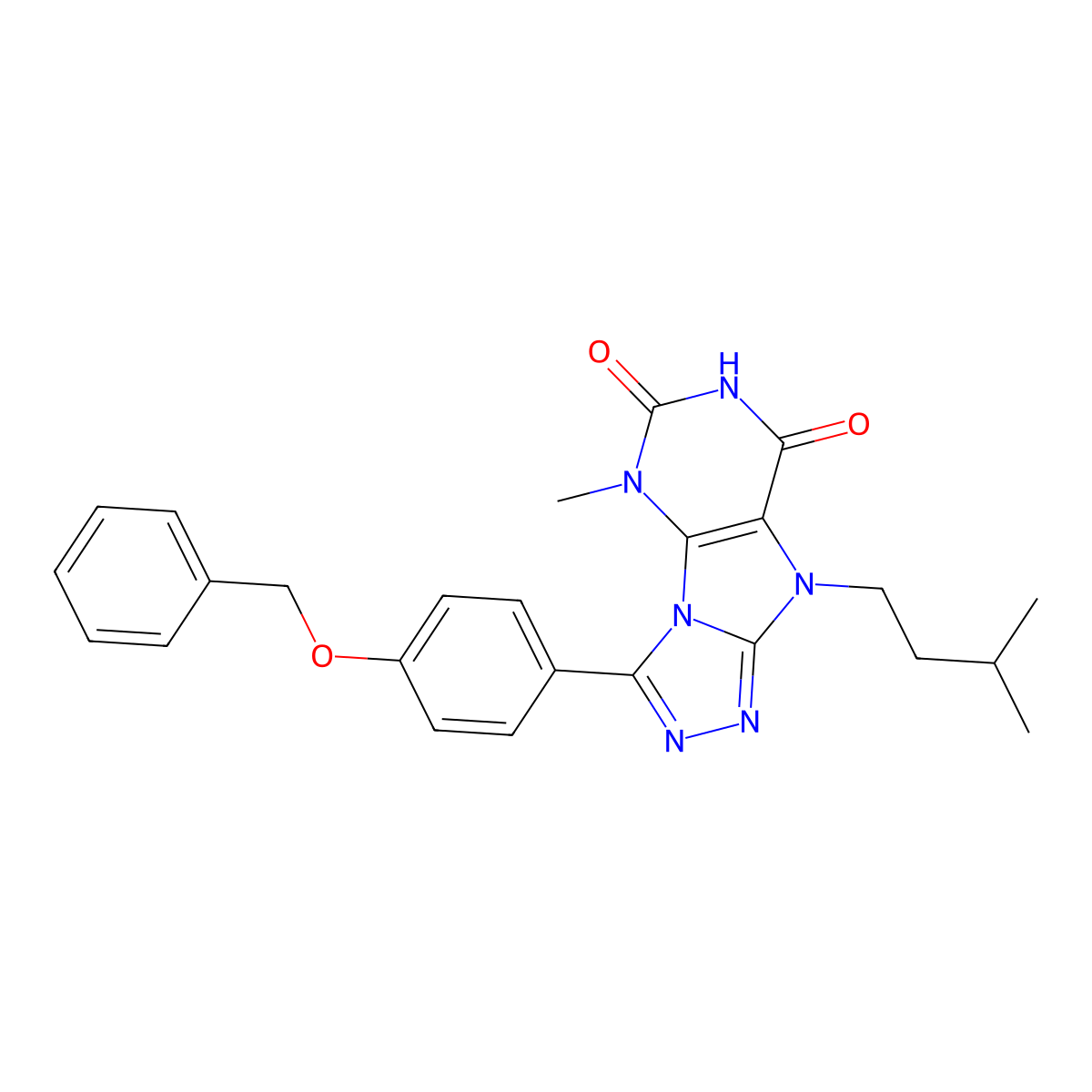 3-[4-(benzyloxy)phenyl]-5-methyl-9-(3-methylbutyl)-5H,6H,7H,8H,9H-[1,2,4]triazolo[3,4-h]purine-6,8-dione molecular structure, CAS 1040663-49-7