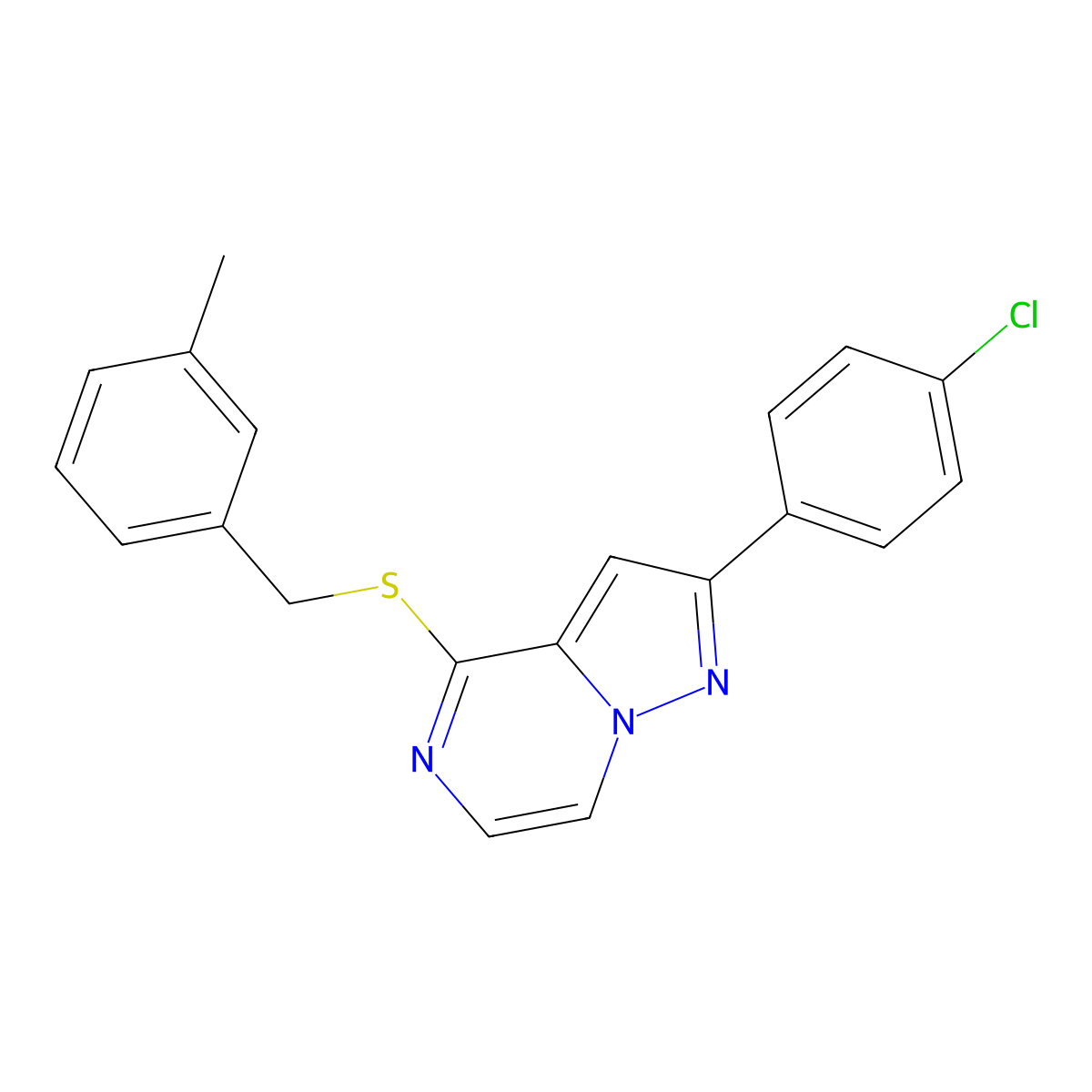 2-(4-Chlorophenyl)-4-((3-methylbenzyl)thio)pyrazolo[1,5-a]pyrazine molecular structure, CAS 1040663-50-0