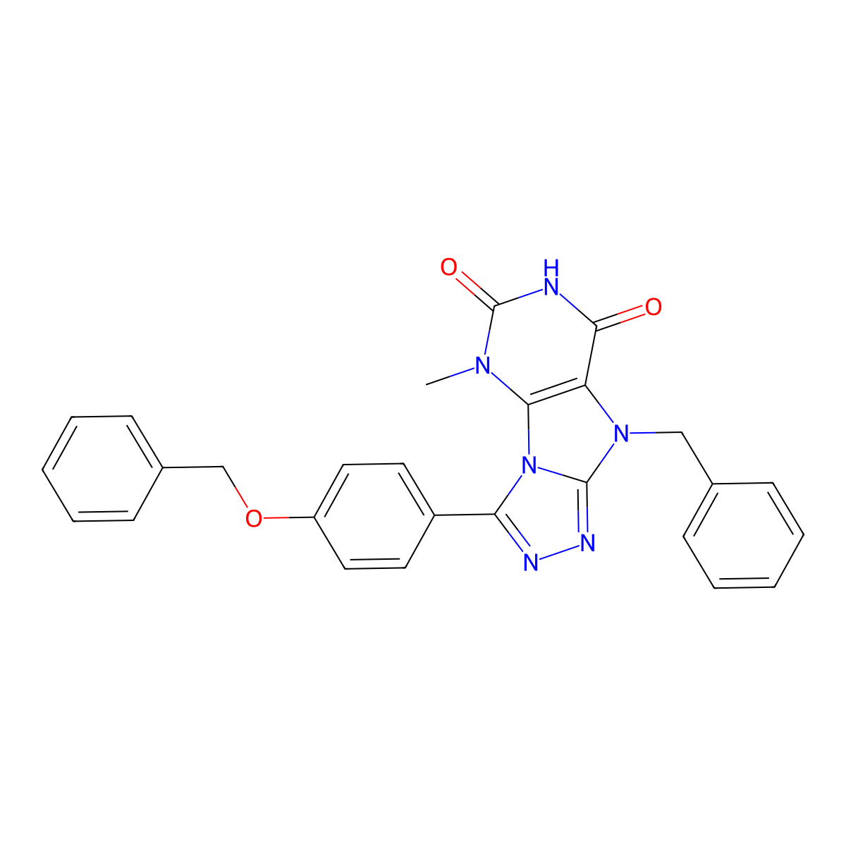 9-benzyl-3-[4-(benzyloxy)phenyl]-5-methyl-5H,6H,7H,8H,9H-[1,2,4]triazolo[3,4-h]purine-6,8-dione molecular structure, CAS 1040663-57-7